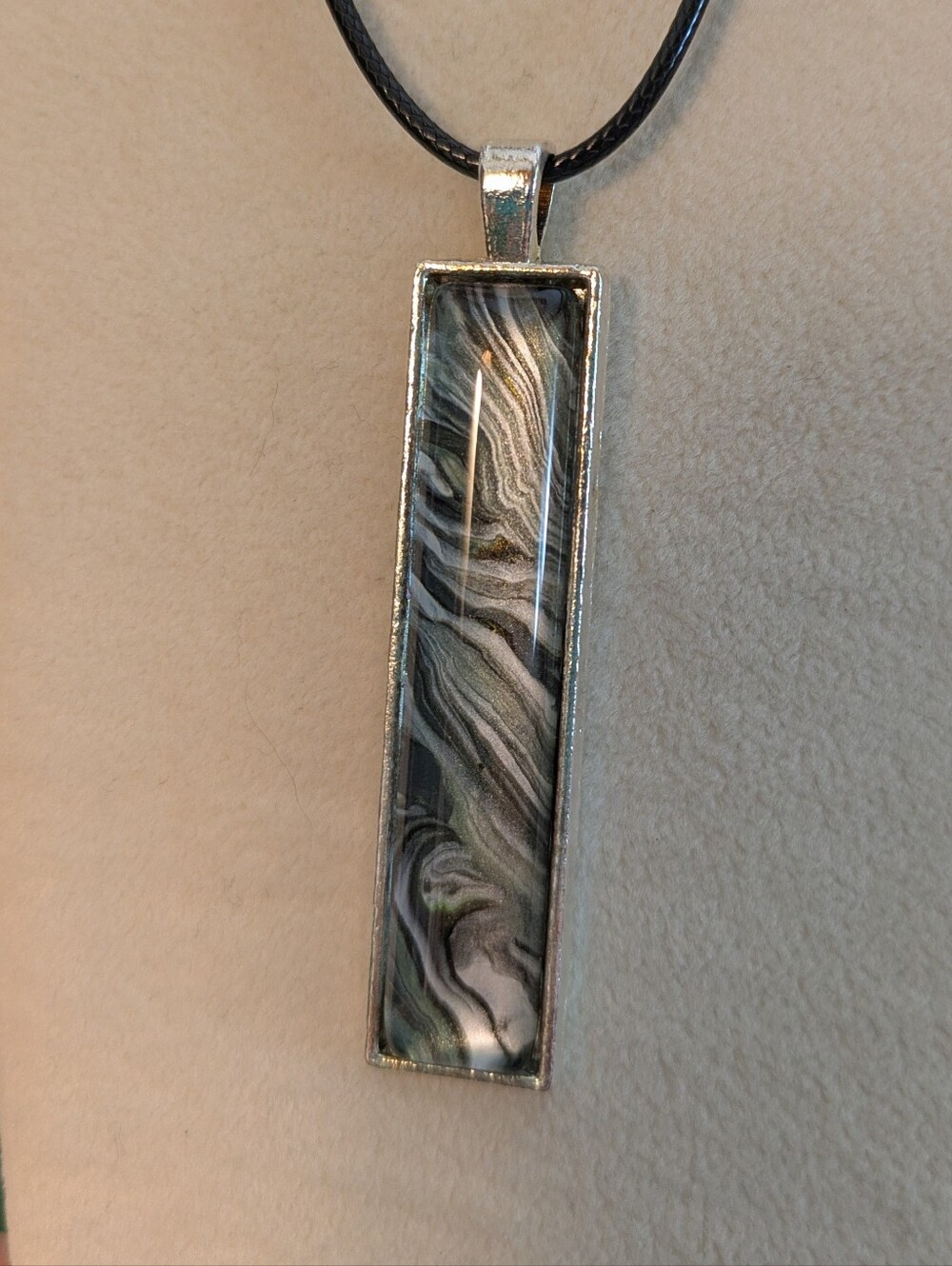 Rectangular Marbled Black and Silver Hand Painted Glass Pendant Necklace